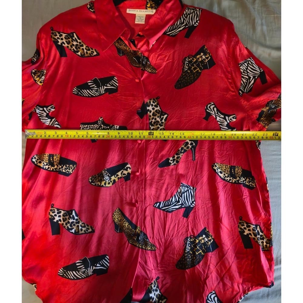 Vintage 100% Silk Red Shoe Print Shirt 1X Shoulder Pads 80s Retro Maximalist - Picture 3 of 5